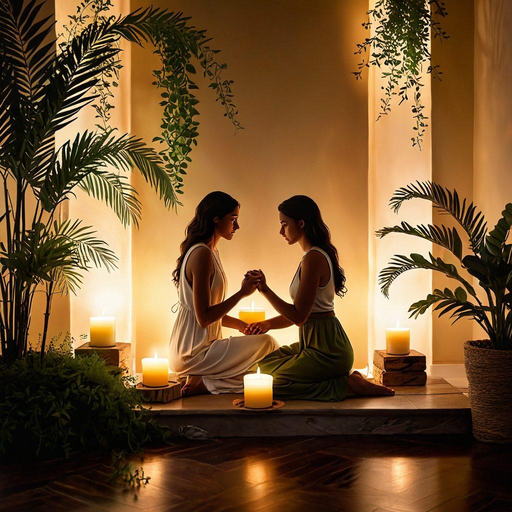 A serene and intimate scene featuring two diverse individuals engaging in a warm and heartfelt conversation, surrounded by soft, ambient lighting and gentle natural elements like candles and plants, symbolizing openness and connection. Include subtle symbols of love and wellness like heart motifs and essential oils in the background. The atmosphere should exude warmth and trust, inviting viewers to explore the topic of sexual wellness in relationships. super-realistic. warm colors. soft focus.