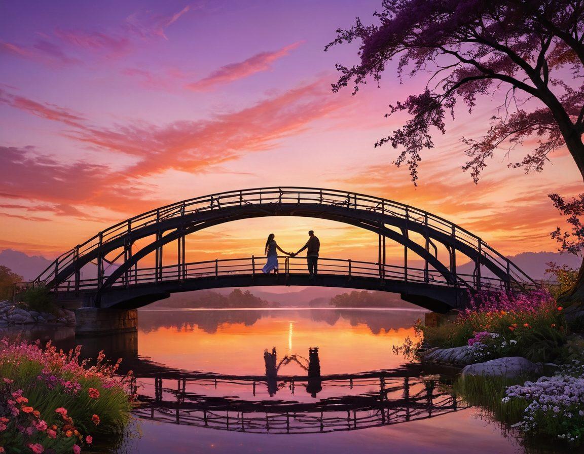 A serene scene of two people standing on a beautifully designed bridge, reaching out to each other amidst a sunset backdrop, symbolizing connection and intimacy. Add soft, flowing ribbons of light representing effective communication weaving through the air around them. Surround them with blooming flowers to enhance the vibe of love and warmth. romantic, tranquil. vibrant colors. super-realistic.