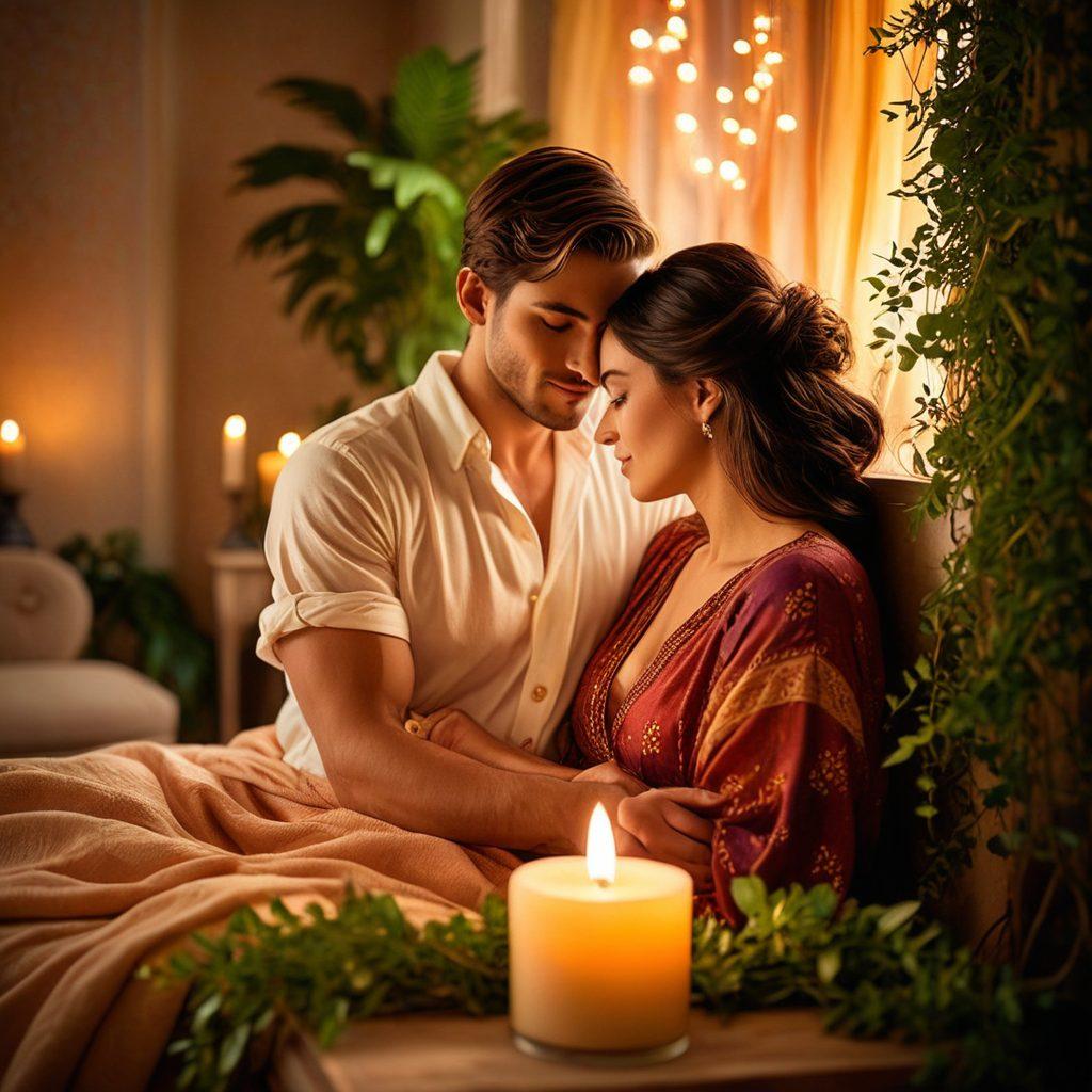 A warm, inviting scene featuring a couple sharing an intimate moment, surrounded by soft candlelight and a cozy atmosphere, with a backdrop of lush greenery symbolizing growth and connection. Include subtle heart motifs in the design to represent love and passion. The color palette should be warm and rich, evoking feelings of comfort and intimacy. romantic. vibrant colors. soft bokeh effect.